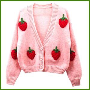 Strawberry Print Button Down Long Sleeve V Neck Crop Cardigan Sweater